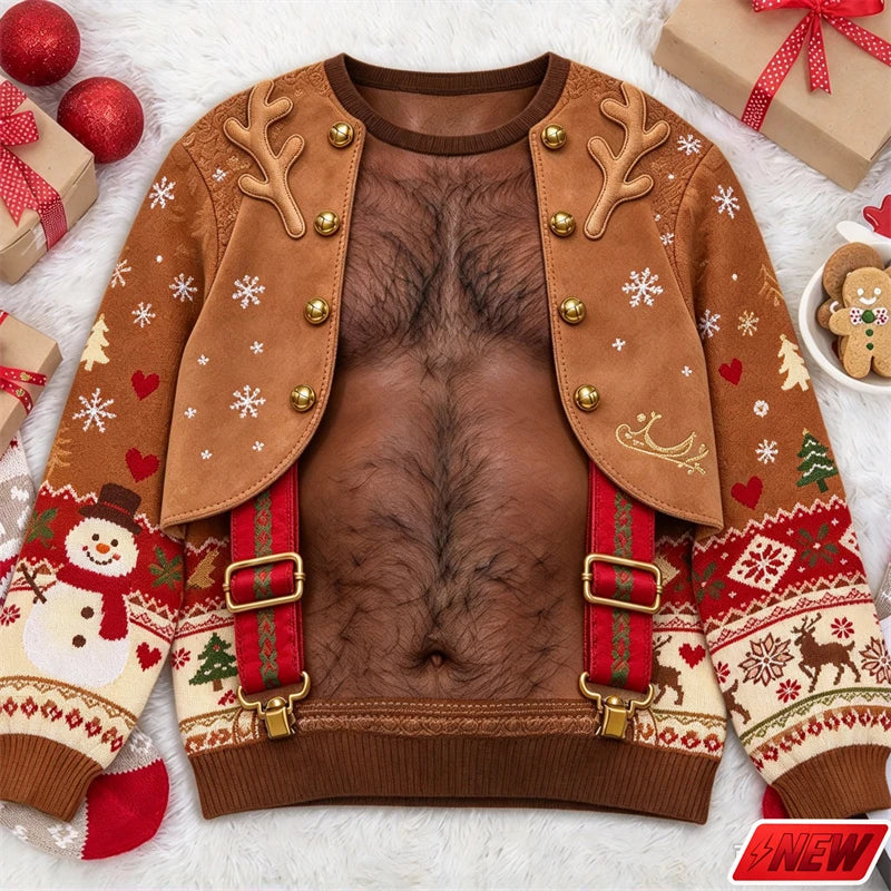 Xmas Sweatshirt Men Funny Cosplay 3D Print Fake Sweater Knit Reindeer Snowflake Pattern Festive Gift New Long Sleeve Sweatshirt
