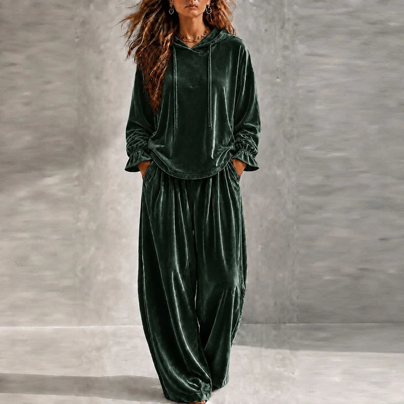 Autumn Winter Long Sleeve Velvet Hoodies Sweatshirt High Waist Pocket Pants Suit Women Casual Two Piece Set Female Tracksuit