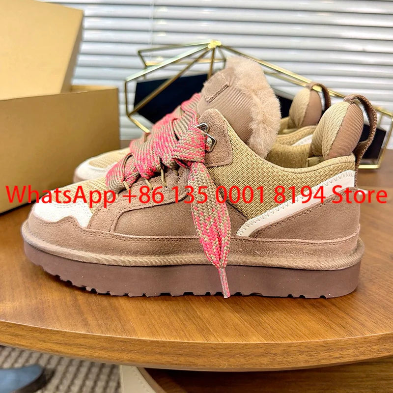 Lowmel Sneakers 2026 New Winter Warm Wool Women's Boots Fashionable Flat Bottom Genuine Leather and Fur Snow Boots