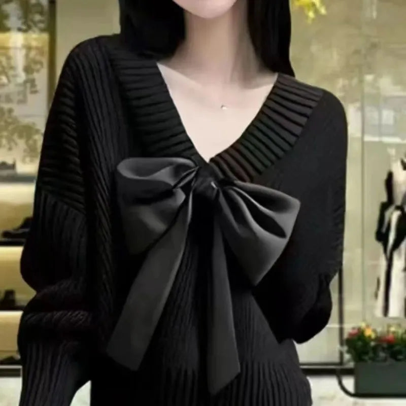Big Bow Knitwear Sweater Pullover for Women Patchwork Red Christmas V-neck Batwing Sleeve Pullover Female Knit Elegant Pullove