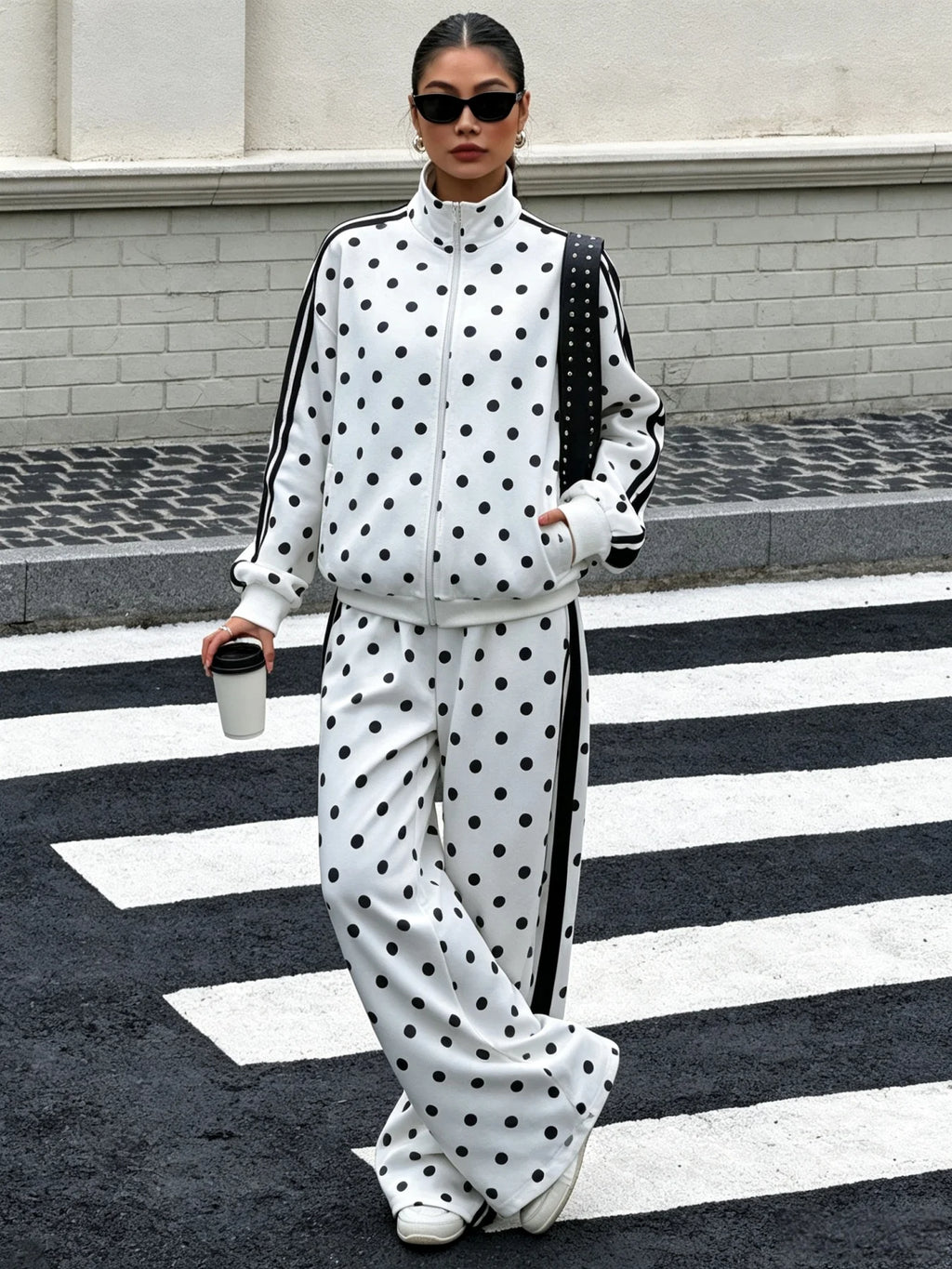 Women Polka Dot Zip Up Jacket & Wide Leg Pants 2 Piece Set, Autumn Winter Striped Side Casual Sport Tracksuit Loungewear Outfit