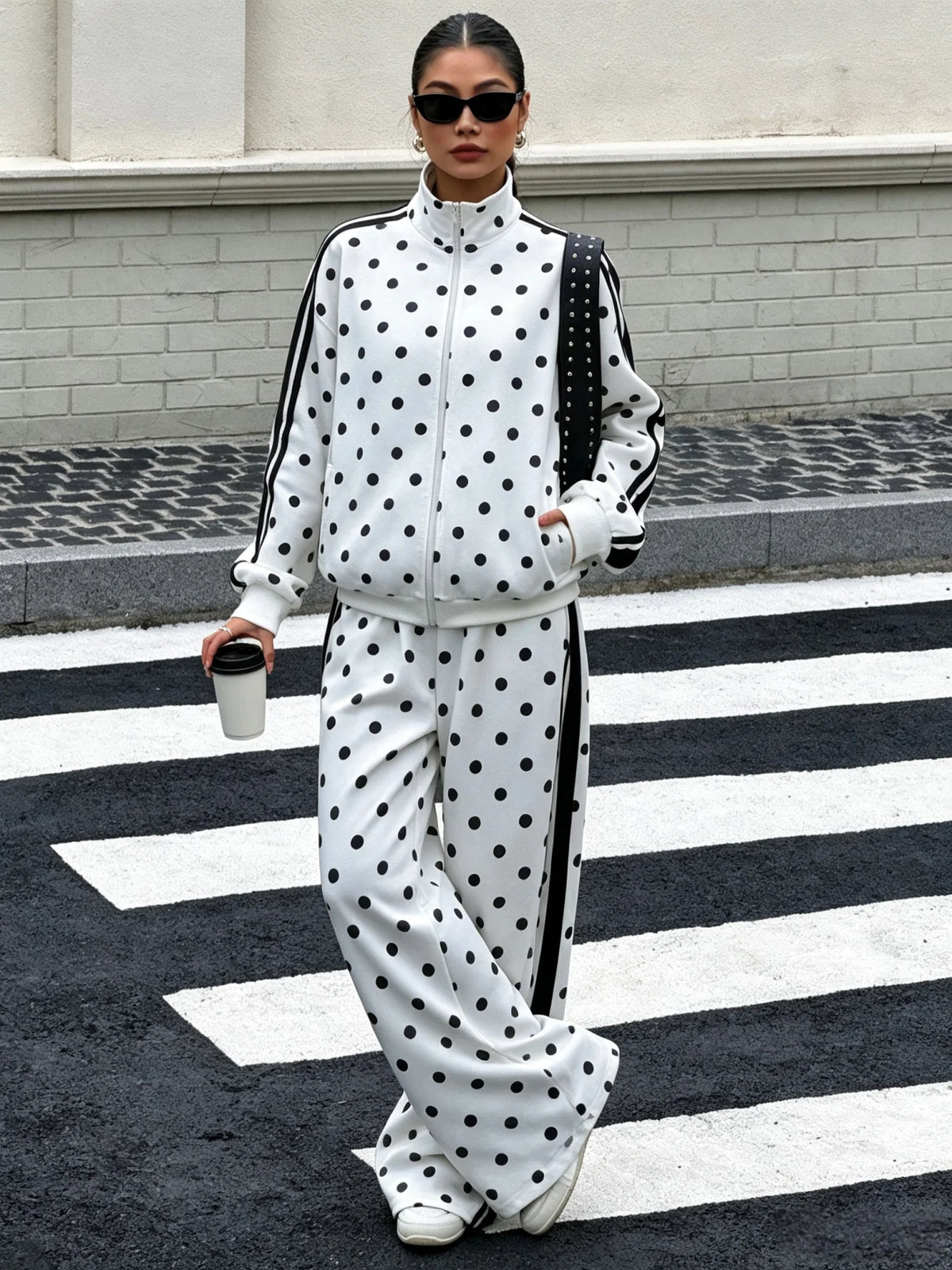Women Polka Dot Zip Up Jacket & Wide Leg Pants 2 Piece Set, Autumn Winter Striped Side Casual Sport Tracksuit Loungewear Outfit