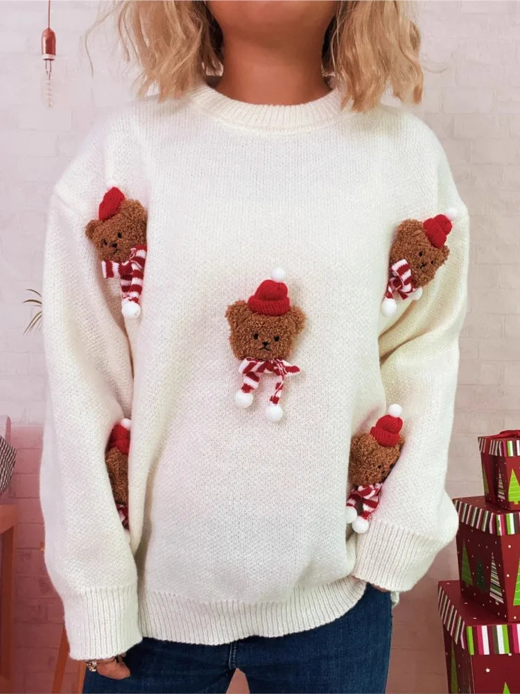Christmas Sweet Three-dimensional Bear Sweater Autumn Winter Round-neck Warm Casual Long-sleeved Sweater Women's Versatile Tops