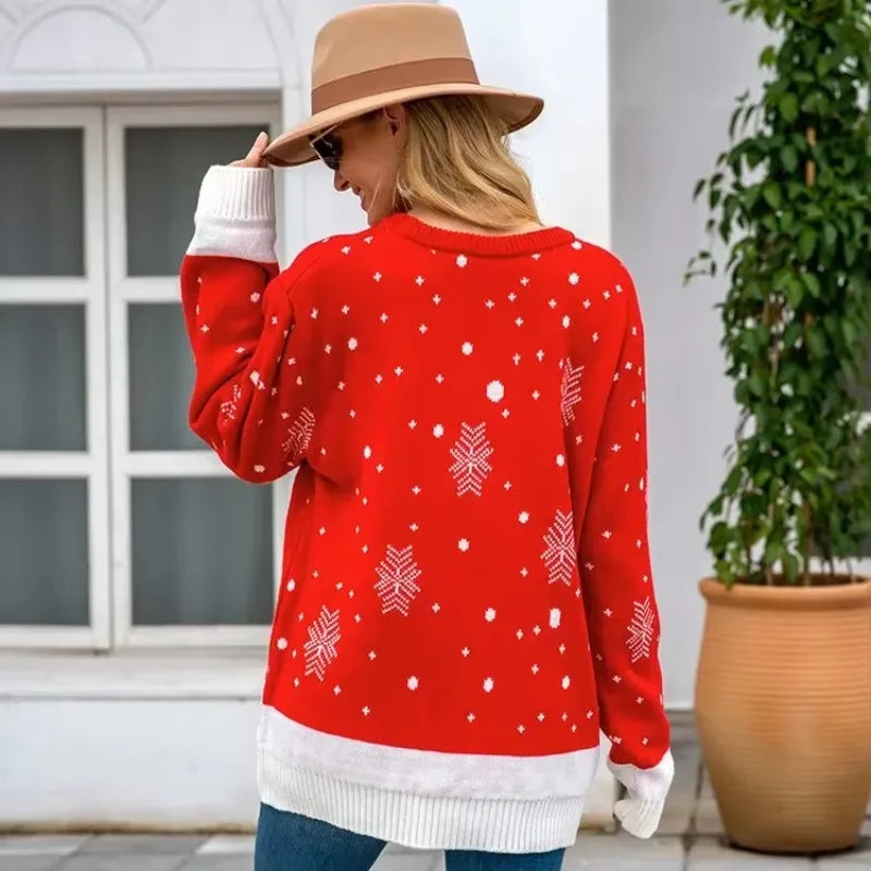 Christmas Printed Loose Jacquard Sweater Women Casual O Neck Full Sleeve Knitted Jumpers Autumn Winter Chic Lady Street Pullover