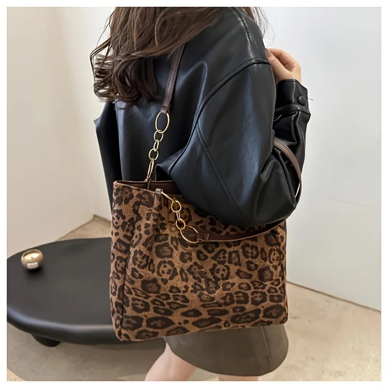 Vintage Leopard Print Handbag Stylish Brown PU Tote Shoulder Bag, Perfect for Women Shopping, Commuting, Office, College, Travel