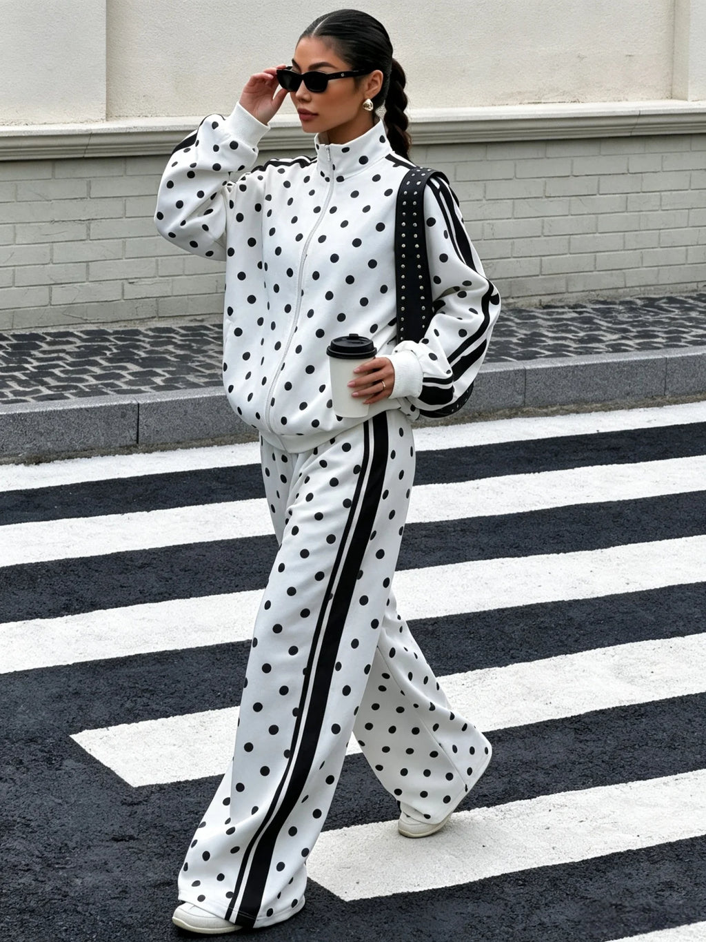 Women Polka Dot Zip Up Jacket & Wide Leg Pants 2 Piece Set, Autumn Winter Striped Side Casual Sport Tracksuit Loungewear Outfit