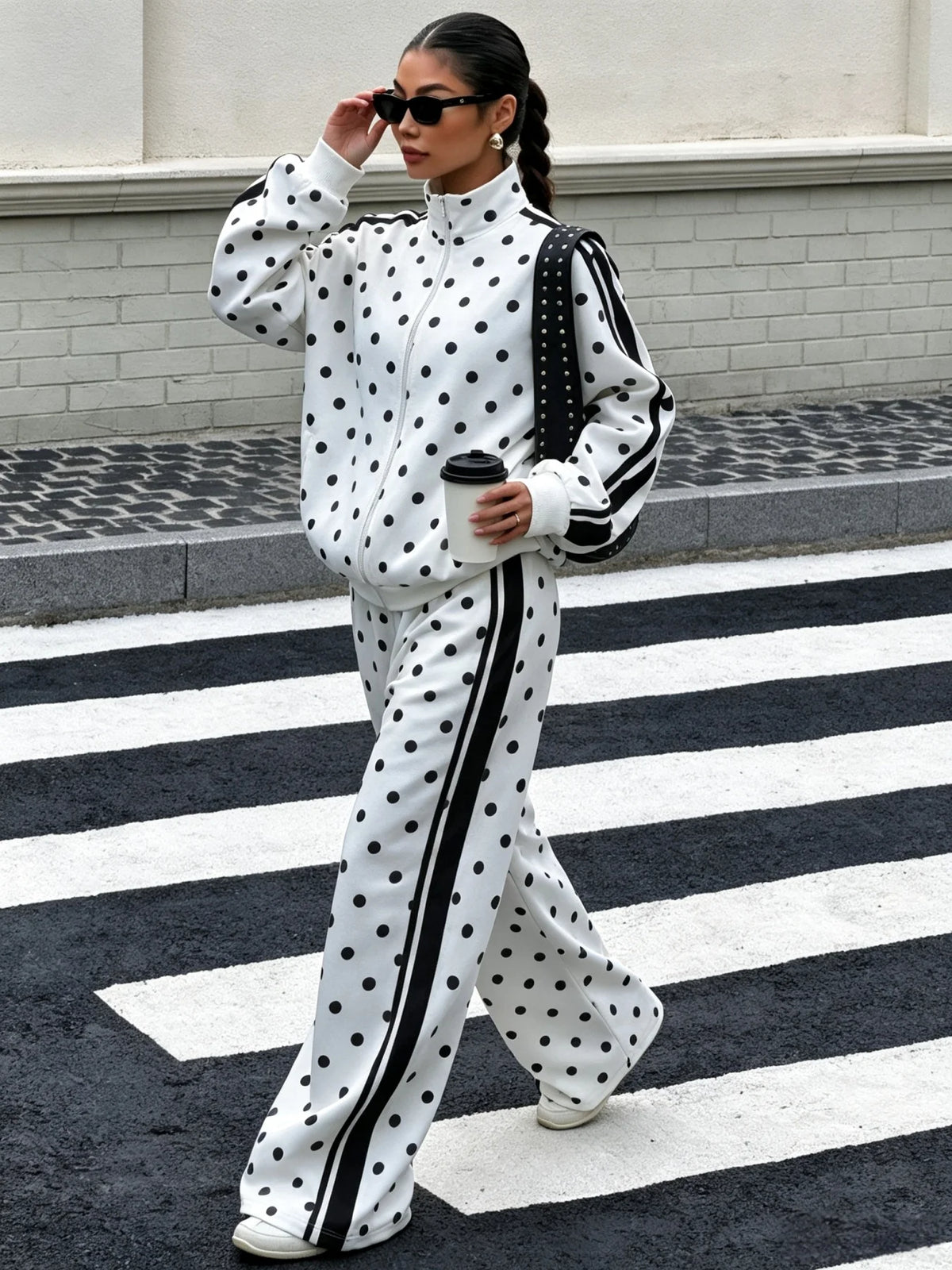 Women Polka Dot Zip Up Jacket & Wide Leg Pants 2 Piece Set, Autumn Winter Striped Side Casual Sport Tracksuit Loungewear Outfit