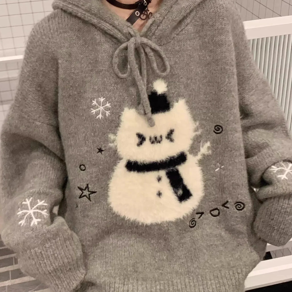 American cute cartoon bear hooded sweater female autumn and winter Christmas atmosphere relaxed lazy soft waxy sweater top.