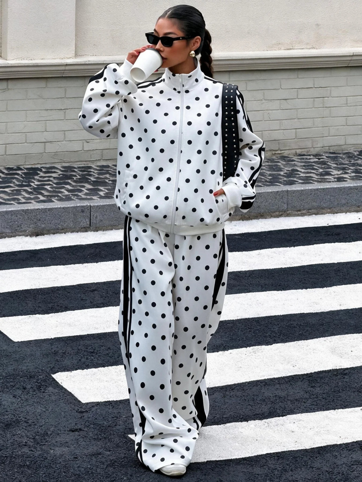Women Polka Dot Zip Up Jacket & Wide Leg Pants 2 Piece Set, Autumn Winter Striped Side Casual Sport Tracksuit Loungewear Outfit