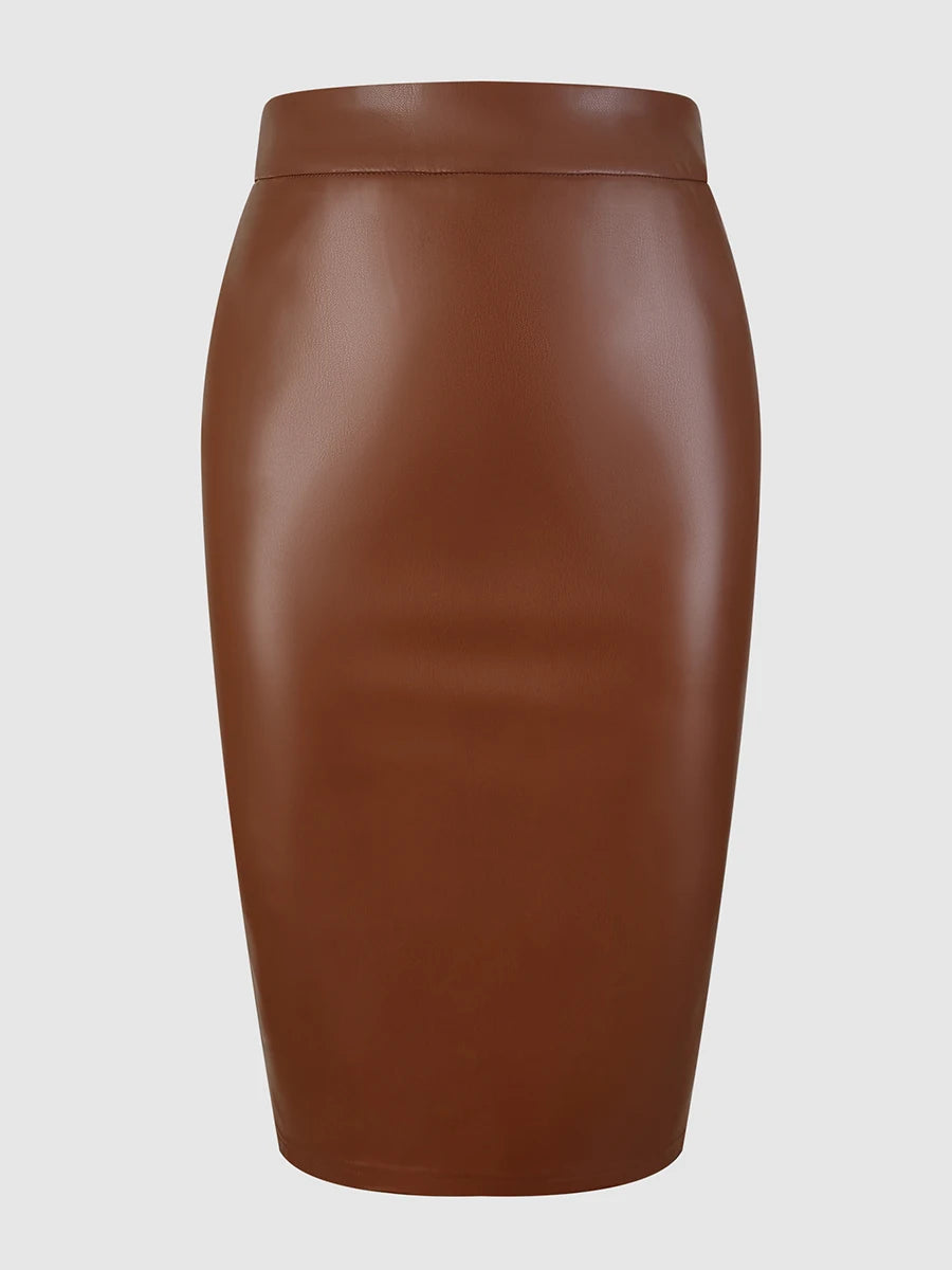 Women Elegant High Waist PU Leather Pencil Midi Skirt Office Lady Workwear Bodycon Slim Faux Leather Skirts Solid Color Brown