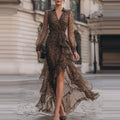 Women Leopard Print Long Sleeve Maxi Dress Lapel V Neck Wrap Ruffled Asymmetrical Hem Elegnat Dress Elegant Evening Party Dress
