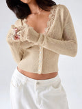 Women Lace Trim Knit Cardigan Tops V Neck Long Sleeve Button Down Cropped Sweater Vintage Slim Fit Sheer Mesh Knitwear Elegant L