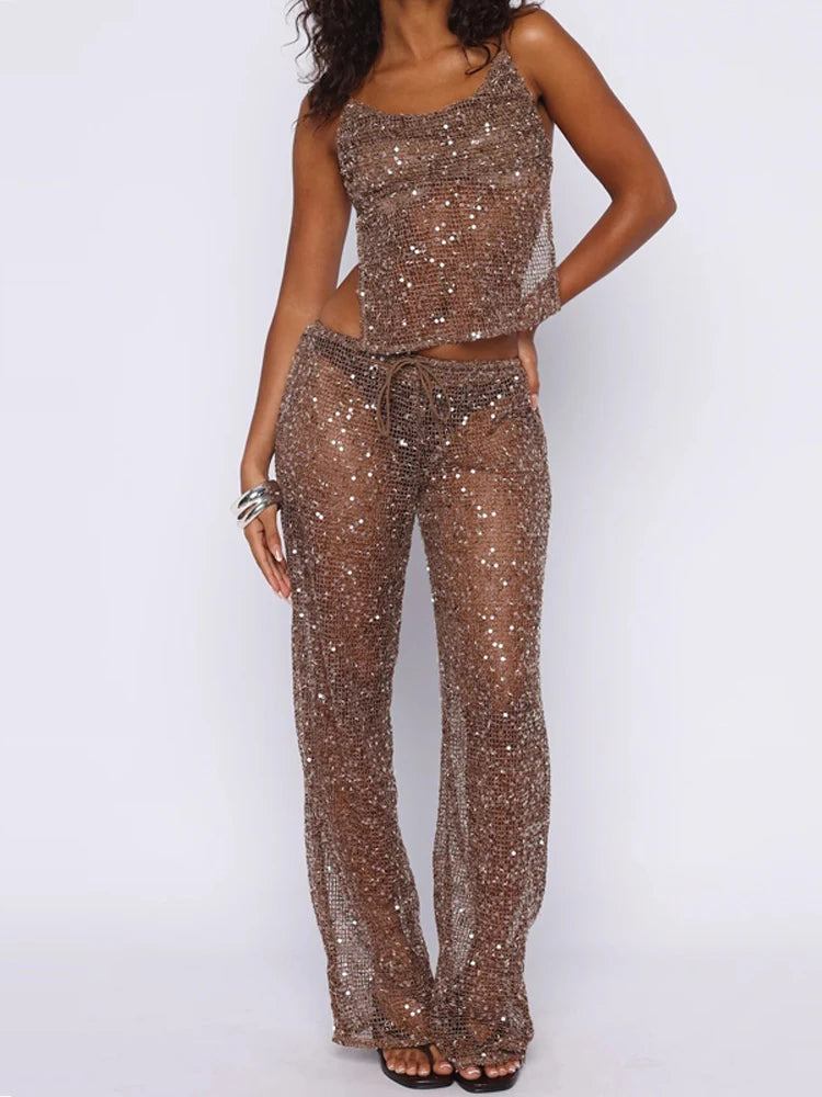 Elegant Sleeveless Split Sling Top & Long Pant Set Women Fashion Sequined Sheer 2 Piece Outfits Sexy Backless Hollw Party Suits