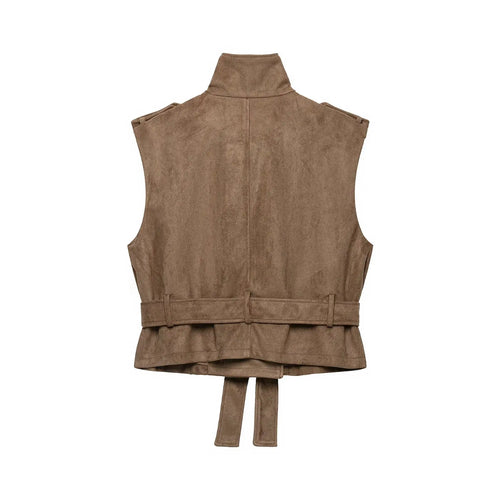 BSAY Vintage Faux Suede Waistcoat Women Double‑Breasted Stand Collar Shoulder Epaulets Sleeveless With Belt Cropped Casual Vest