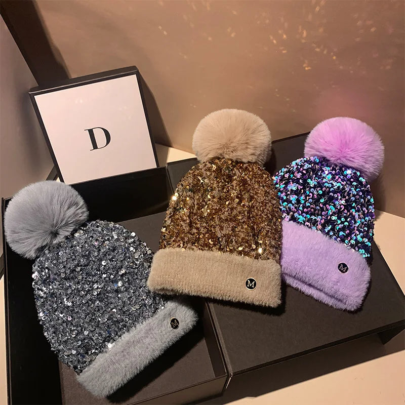 Winter Warm Knitted Hat Autumn/Winter Korean Versatile Glitter Sweet and Cute Dome Ear Protector Knitted Hat