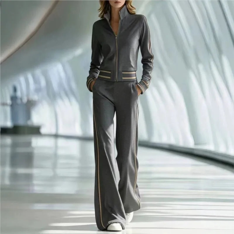 Fall Pocket 2-Piece Suit Women's Retro Stripes Zip Bomber Jacket+High Waist Women's Wide Leg Pants Set Street Sportswear Outfits