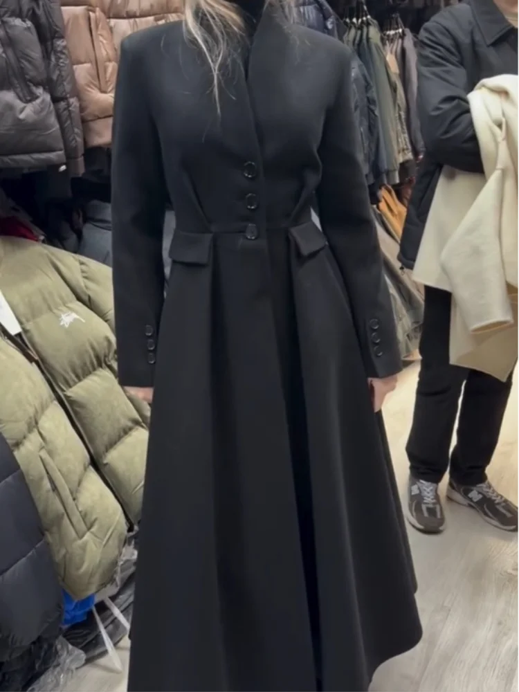 Women Long Fitted Waist Faux Wool Blend Coat Long Sleeve Single Breasted A Line Swing Hem Overcoats 2026 Winter Vintage Coats