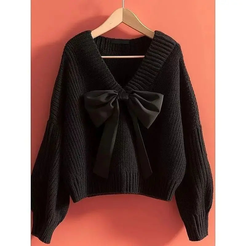Big Bow Knitwear Sweater Pullover for Women Patchwork Red Christmas V-neck Batwing Sleeve Pullover Female Knit Elegant Pullove