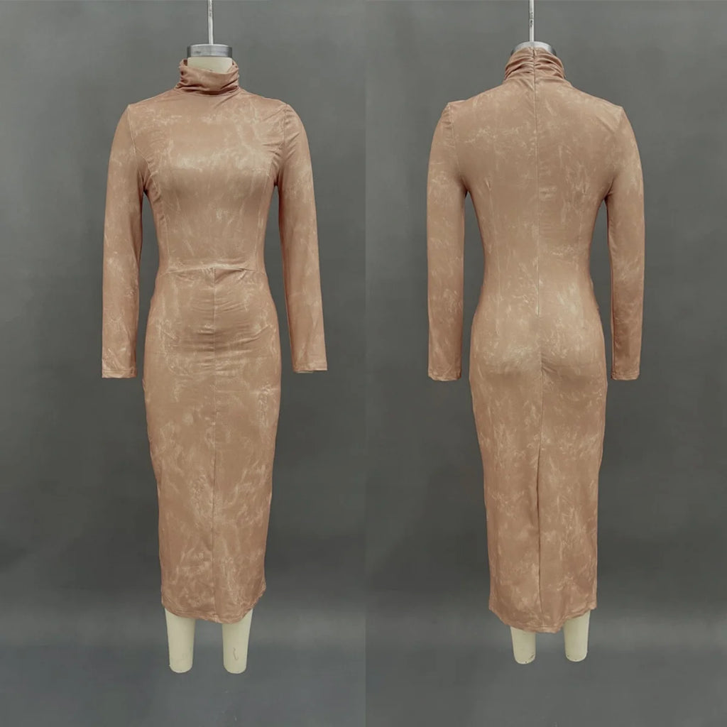 Hip Wrap Folds Collar Dress Spring Long Sleeved Half High O-Neck Collar Dresses Shin Retro Style Elegant Office Mid-Calf Robes