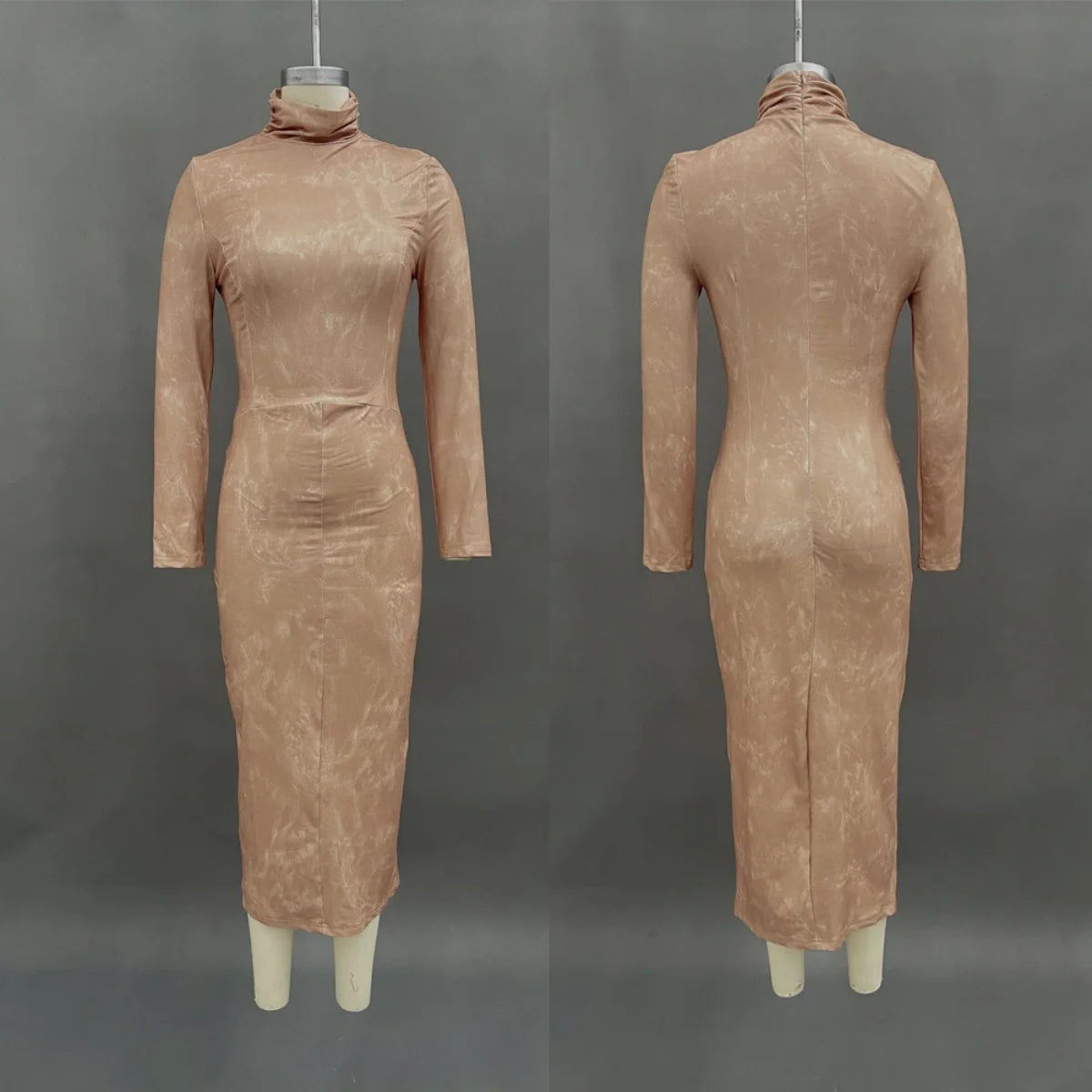 Hip Wrap Folds Collar Dress Spring Long Sleeved Half High O-Neck Collar Dresses Shin Retro Style Elegant Office Mid-Calf Robes