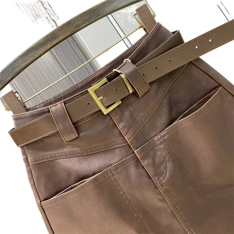 High waisted leather  half body women's autumn  winter new A-line  retro PU leather short skirt, coffee  leather skirt