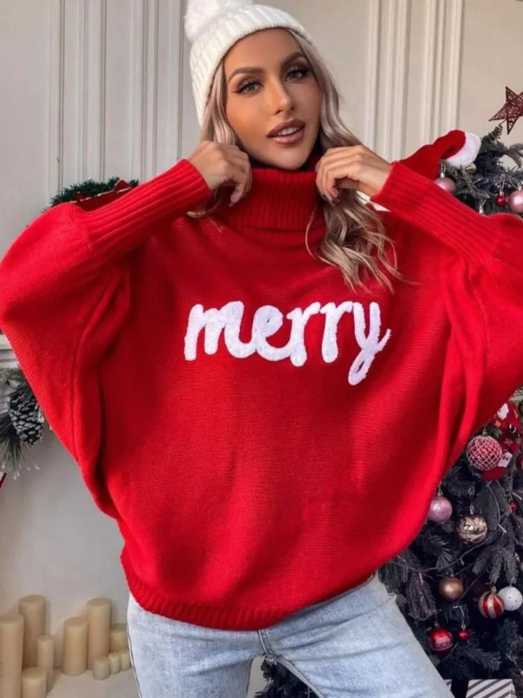 Women Christmas Letter Print Turtleneck Sweater Bat Sleeve Oversized Loose Knit Pullover Casual Autumn Winter Holiday Jumper