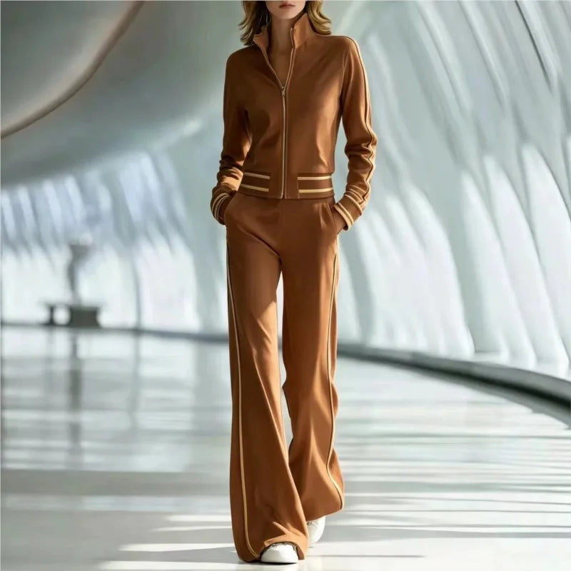 Fall Pocket 2-Piece Suit Women's Retro Stripes Zip Bomber Jacket+High Waist Women's Wide Leg Pants Set Street Sportswear Outfits