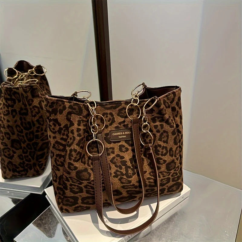 Vintage Leopard Print Handbag Stylish Brown PU Tote Shoulder Bag, Perfect for Women Shopping, Commuting, Office, College, Travel