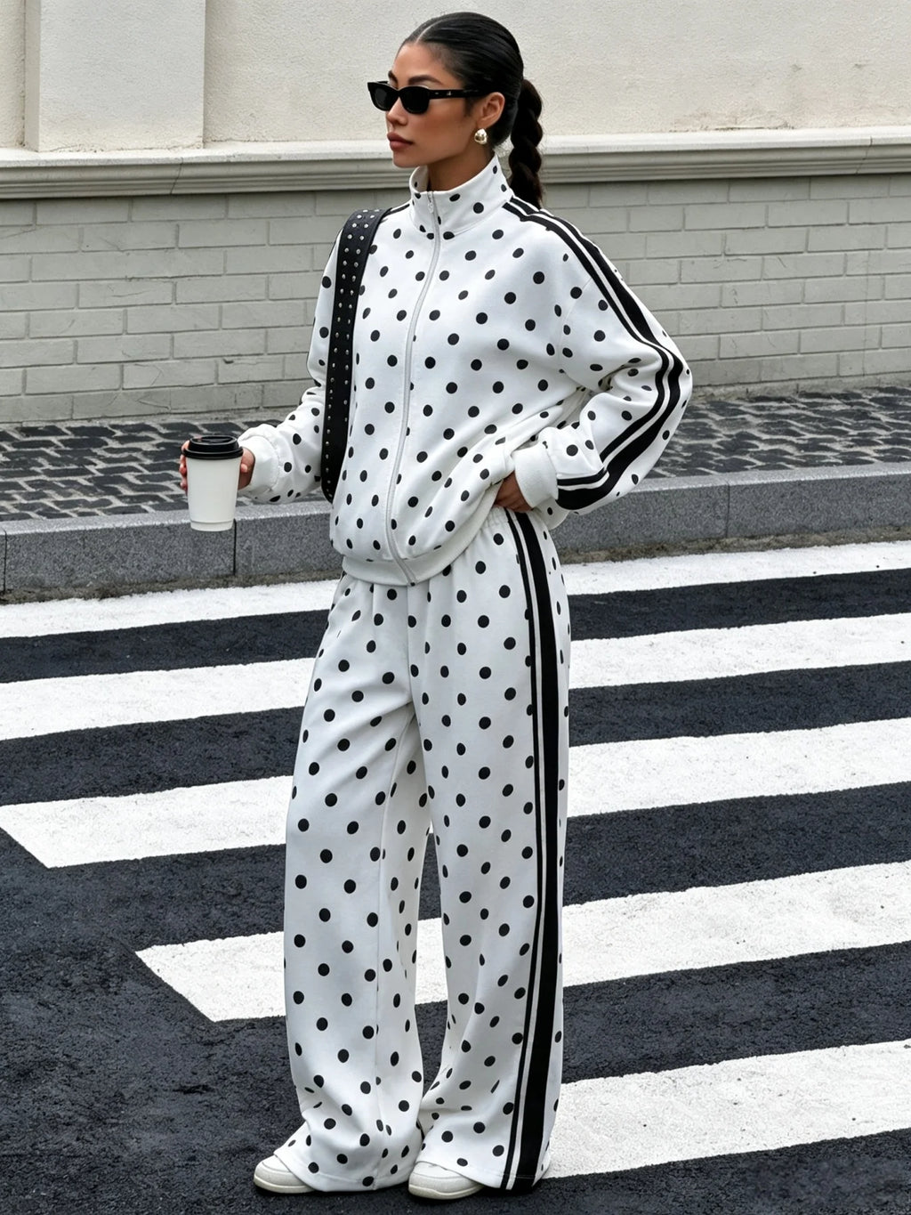 Women Polka Dot Zip Up Jacket & Wide Leg Pants 2 Piece Set, Autumn Winter Striped Side Casual Sport Tracksuit Loungewear Outfit