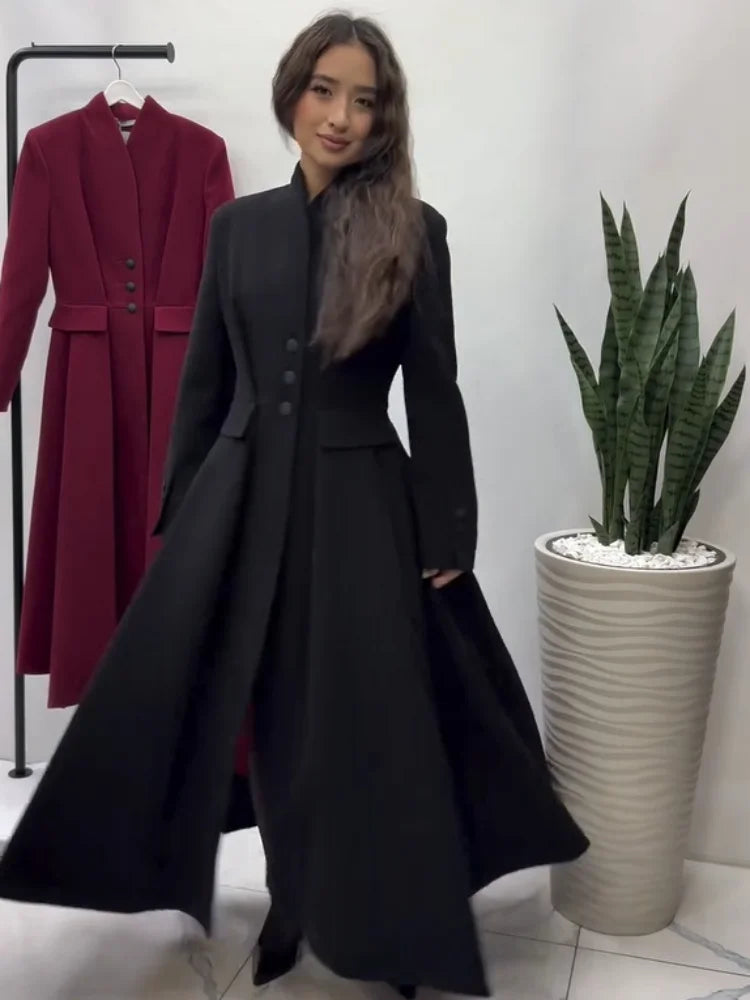 Women Long Fitted Waist Faux Wool Blend Coat Long Sleeve Single Breasted A Line Swing Hem Overcoats 2026 Winter Vintage Coats