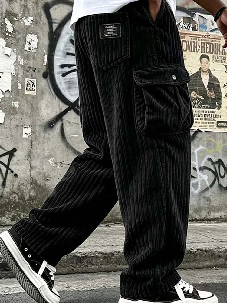 New Cargo Pants for Men Retro Style Men's Corduroy Cargo Pants with Multiple Pockets Mid-rise Solid Color Trousers for Wear Long