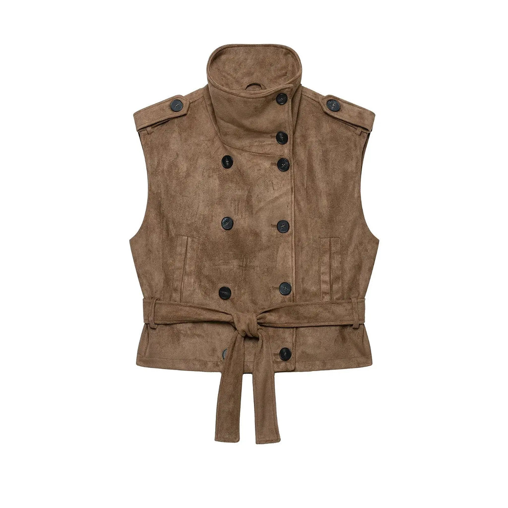 BSAY Vintage Faux Suede Waistcoat Women Double‑Breasted Stand Collar Shoulder Epaulets Sleeveless With Belt Cropped Casual Vest