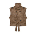 BSAY Vintage Faux Suede Waistcoat Women Double‑Breasted Stand Collar Shoulder Epaulets Sleeveless With Belt Cropped Casual Vest