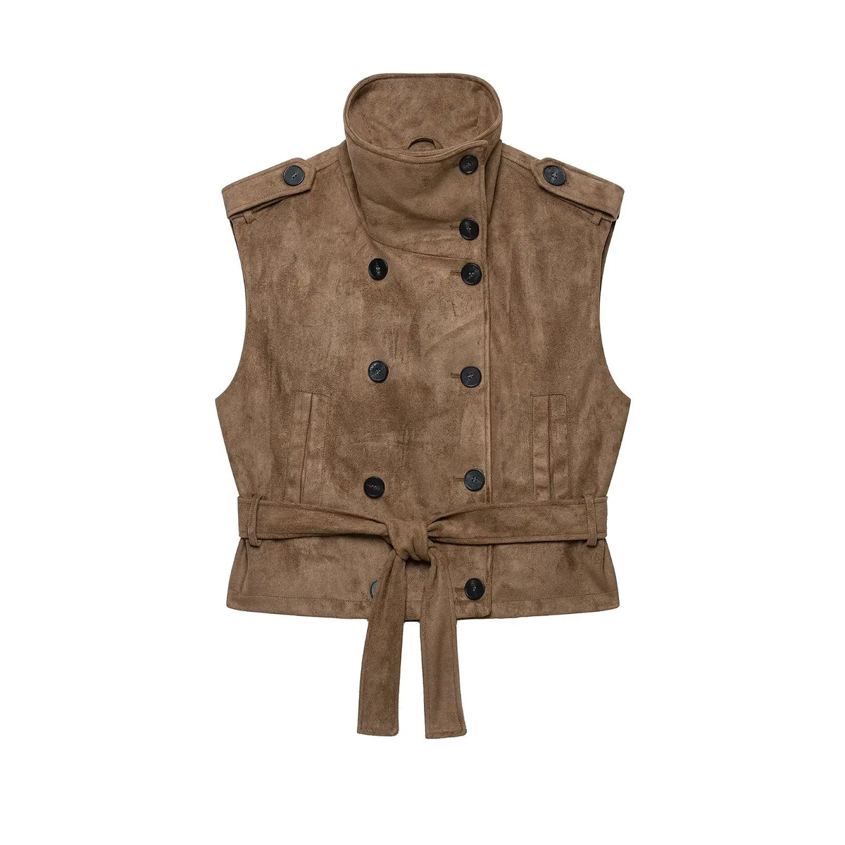 BSAY Vintage Faux Suede Waistcoat Women Double‑Breasted Stand Collar Shoulder Epaulets Sleeveless With Belt Cropped Casual Vest
