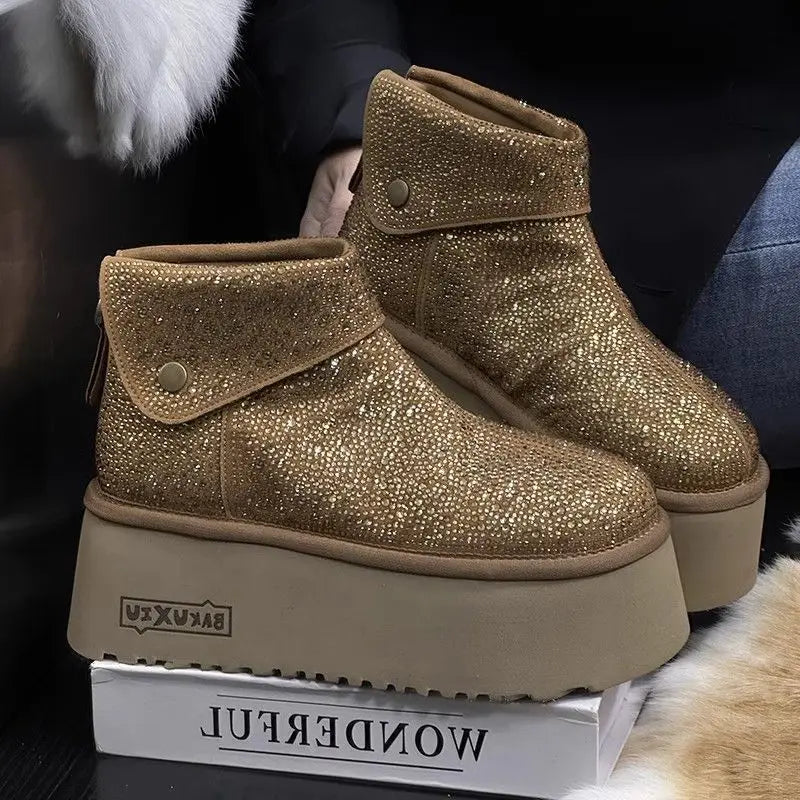 Women's Winter Boots Design Fashion Rhinestone Lapel Suede Brown Ankle Boots Plush Platform Non-slip Casual Winter Shoes Woman