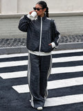 Women Polka Dot Zip Up Jacket & Wide Leg Pants 2 Piece Set, Autumn Winter Striped Side Casual Sport Tracksuit Loungewear Outfit