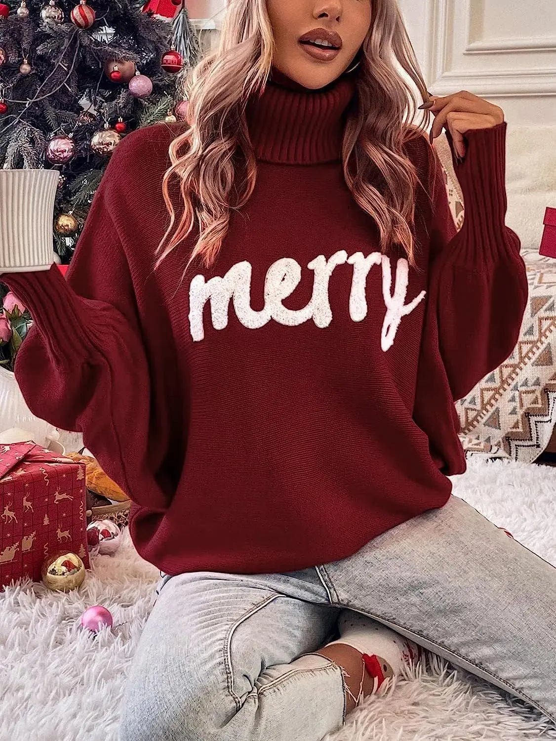 Women Christmas Letter Print Turtleneck Sweater Bat Sleeve Oversized Loose Knit Pullover Casual Autumn Winter Holiday Jumper