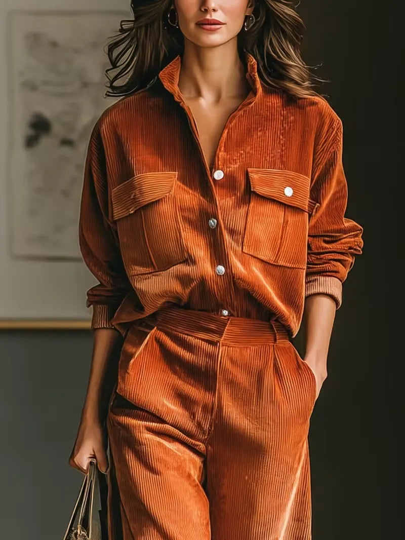 Women's Solid Color Casual Two-piece Set Autumn Retro Fashion Pocket Corduroy Long-sleeved Shirt Wide-leg Pants Commuting Sets