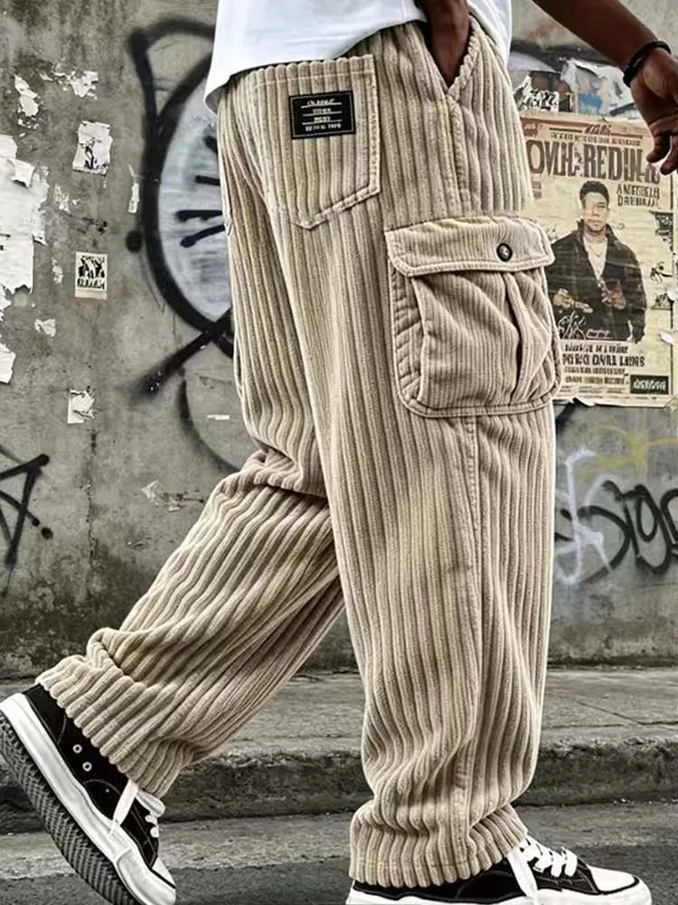 New Cargo Pants for Men Retro Style Men's Corduroy Cargo Pants with Multiple Pockets Mid-rise Solid Color Trousers for Wear Long