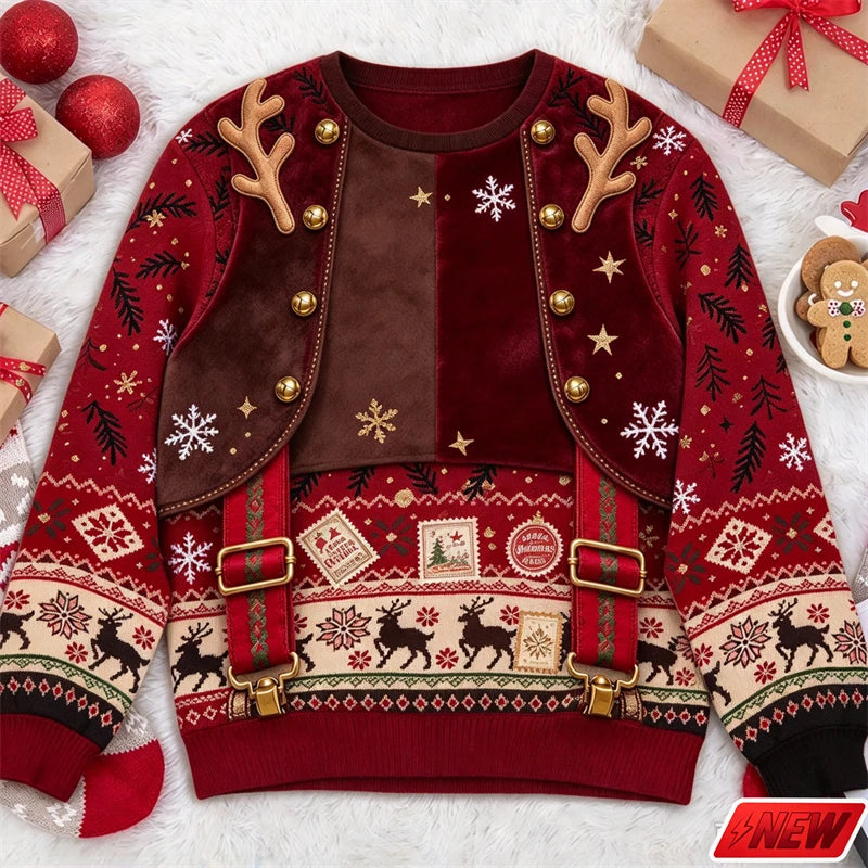 Xmas Sweatshirt Men Funny Cosplay 3D Print Fake Sweater Knit Reindeer Snowflake Pattern Festive Gift New Long Sleeve Sweatshirt