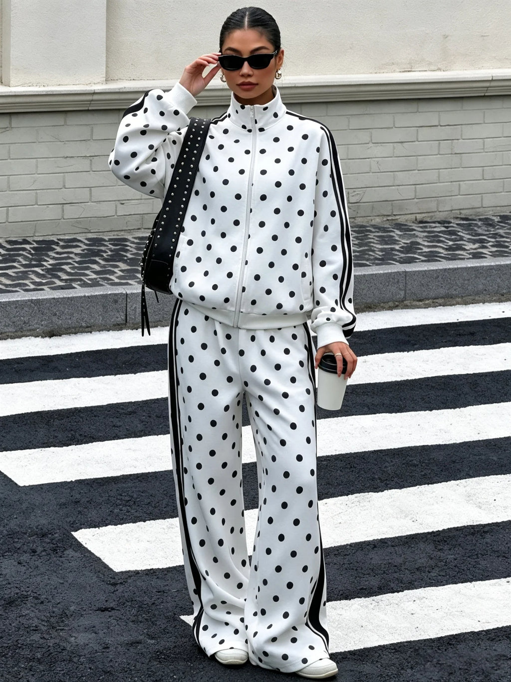 Women Polka Dot Zip Up Jacket & Wide Leg Pants 2 Piece Set, Autumn Winter Striped Side Casual Sport Tracksuit Loungewear Outfit