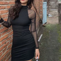 Mesh Patchwork Half High Neck Women Dresses Black Fashion See Through Long Sleeve Skinny Clubwear Female Mini Dress Bodycon